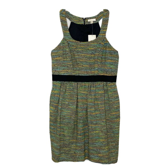 Shoshanna Green Stripe Silk Blend Metallic Sleeveless Pleated Tweed Dress 6 New - Picture 1 of 6